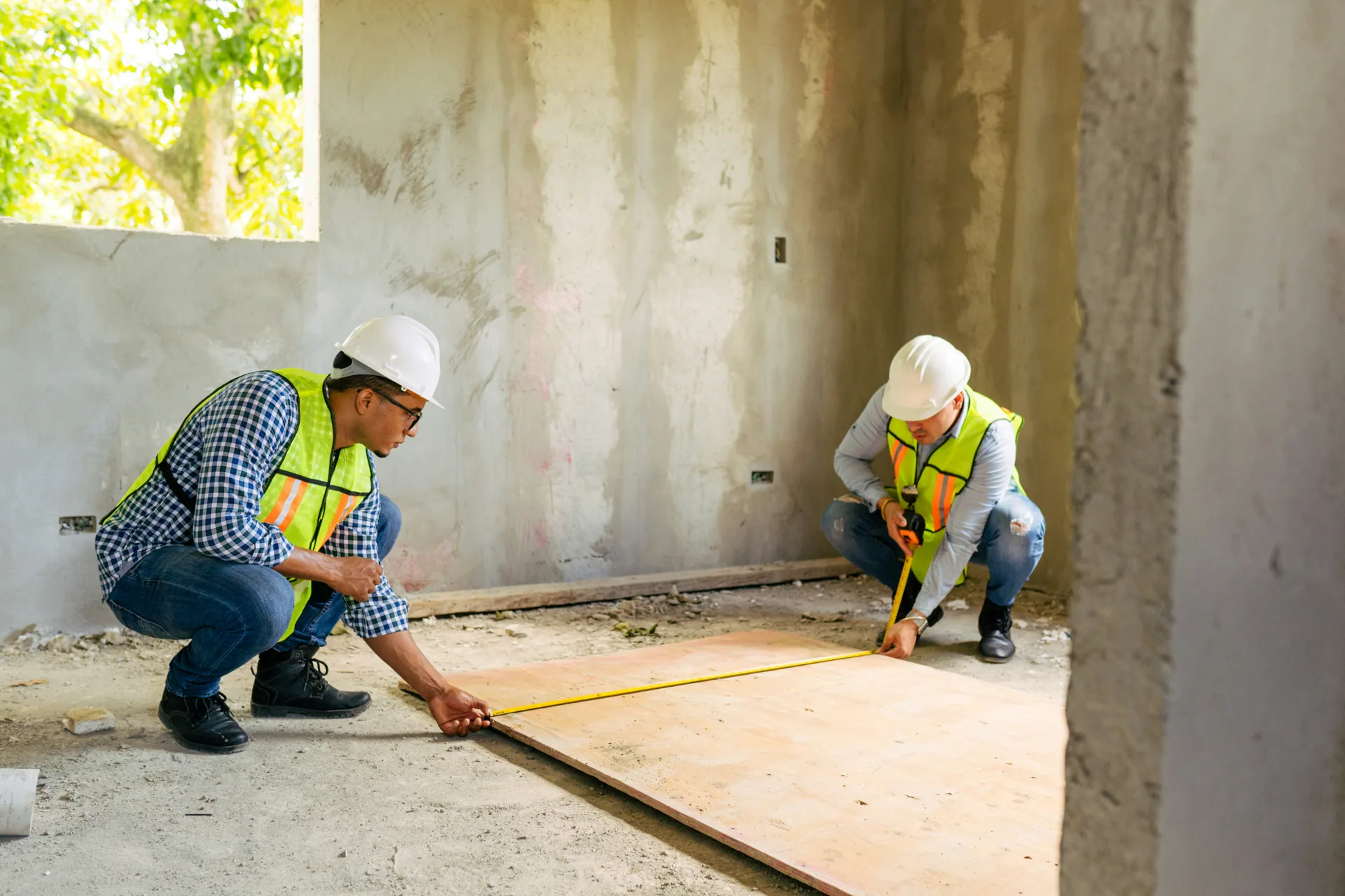 crew measuring a basement subfloor before a concrete pour in Detroit