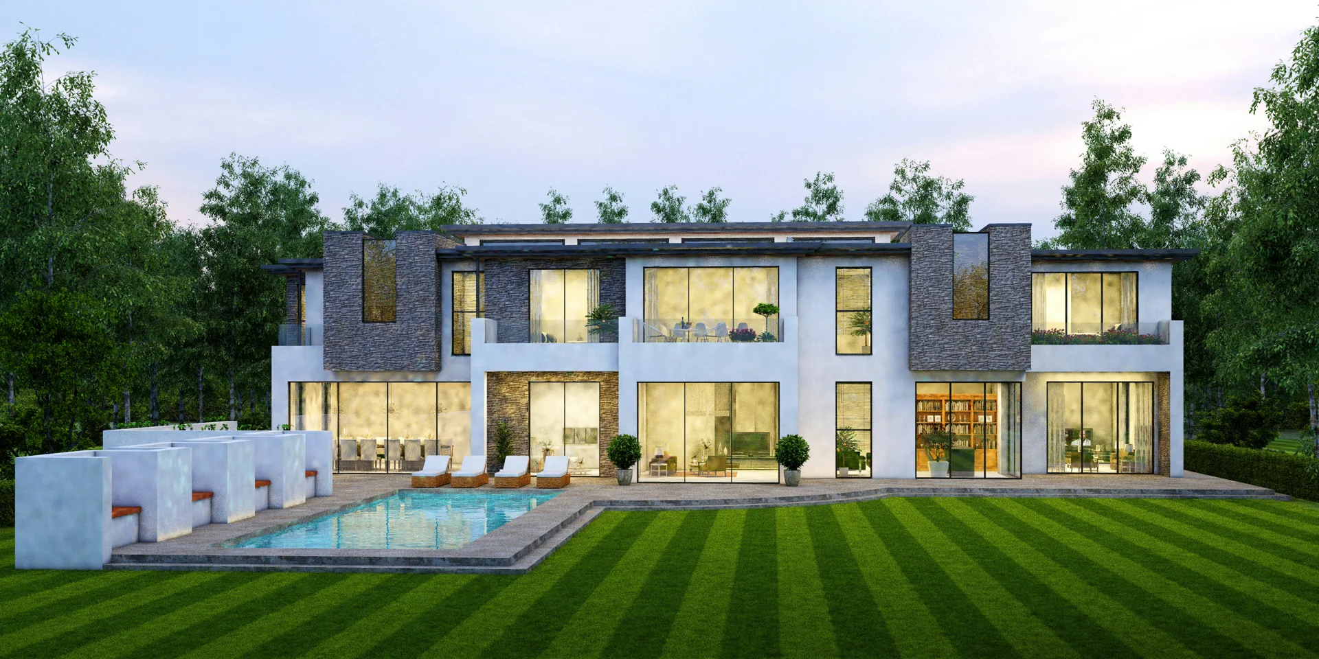 concrete pool deck at dusk at a luxury Detroit home