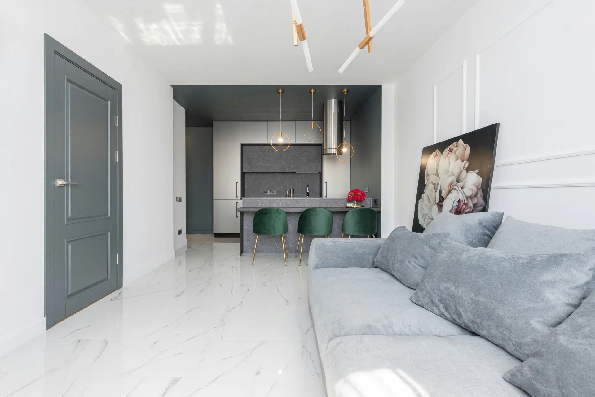 polished stone floor over a Laticrete underlayment in a Detroit home