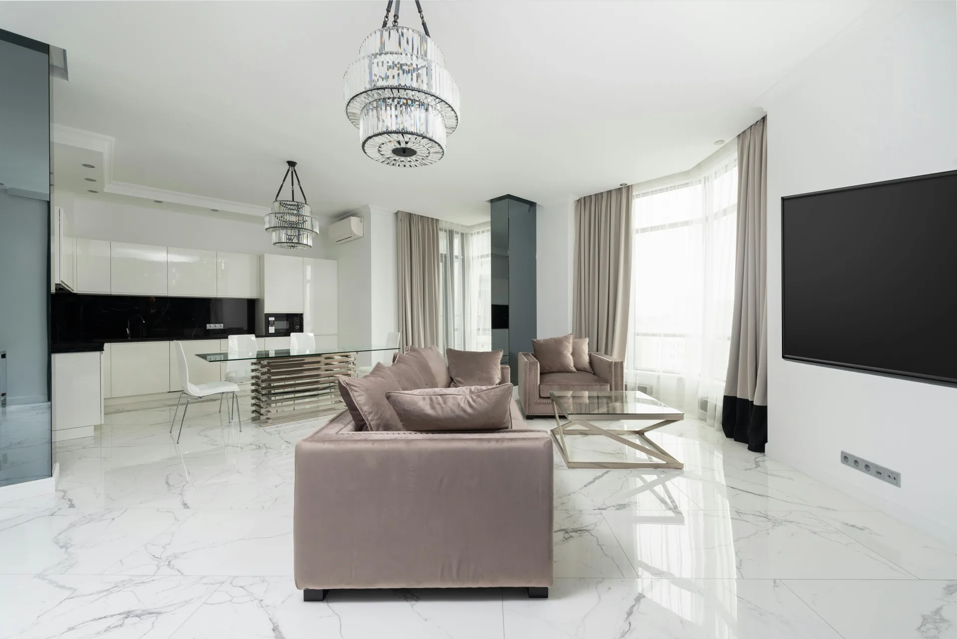polished concrete floor in a luxury Detroit living room