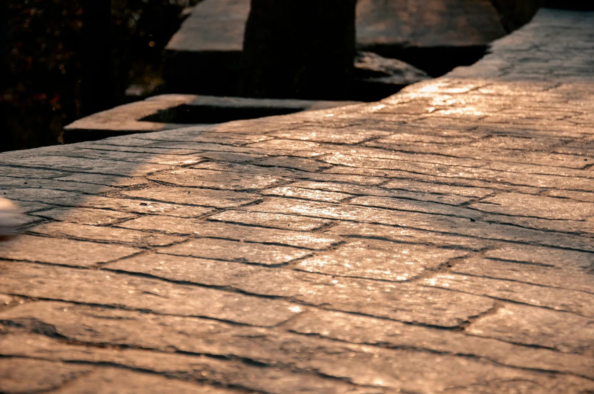 stamped concrete walkway finished at golden hour in Detroit
